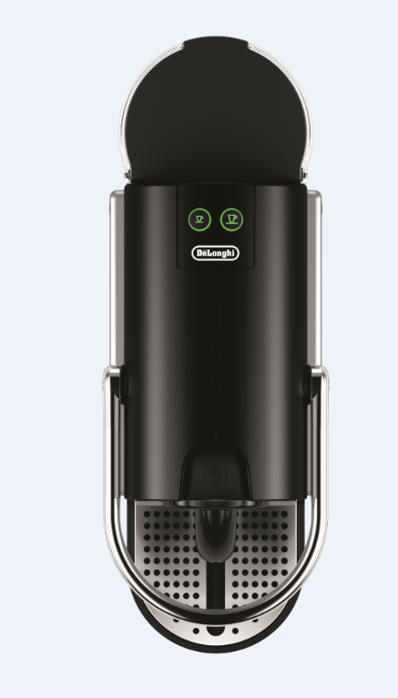 Schwarze Kaffeemaschine von DeLonghi, Draufsicht. Es hat zwei Knöpfe und den Markennamen.