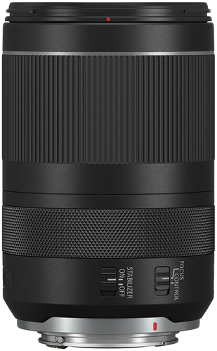 Canon RF objektív. Fekete, gyűrűkkel és kapcsolókkal a fókuszhoz és a stabilizátorhoz.