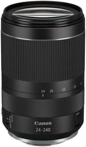 Canon 24-240mm objektív, fókusz- és zoomgyűrűkkel, 'Canon 24-240' felirattal.