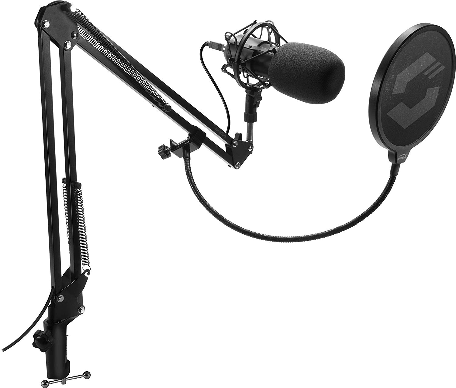 Schwarzes Mikrofon mit Pop-Filter und Arm. Das Setup vor weißem Hintergrund.