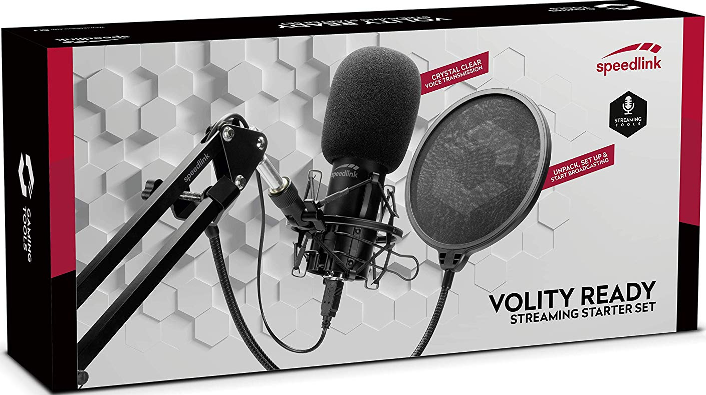 Ein Mikrofon und Pop-Filter werden in einer Box gezeigt.