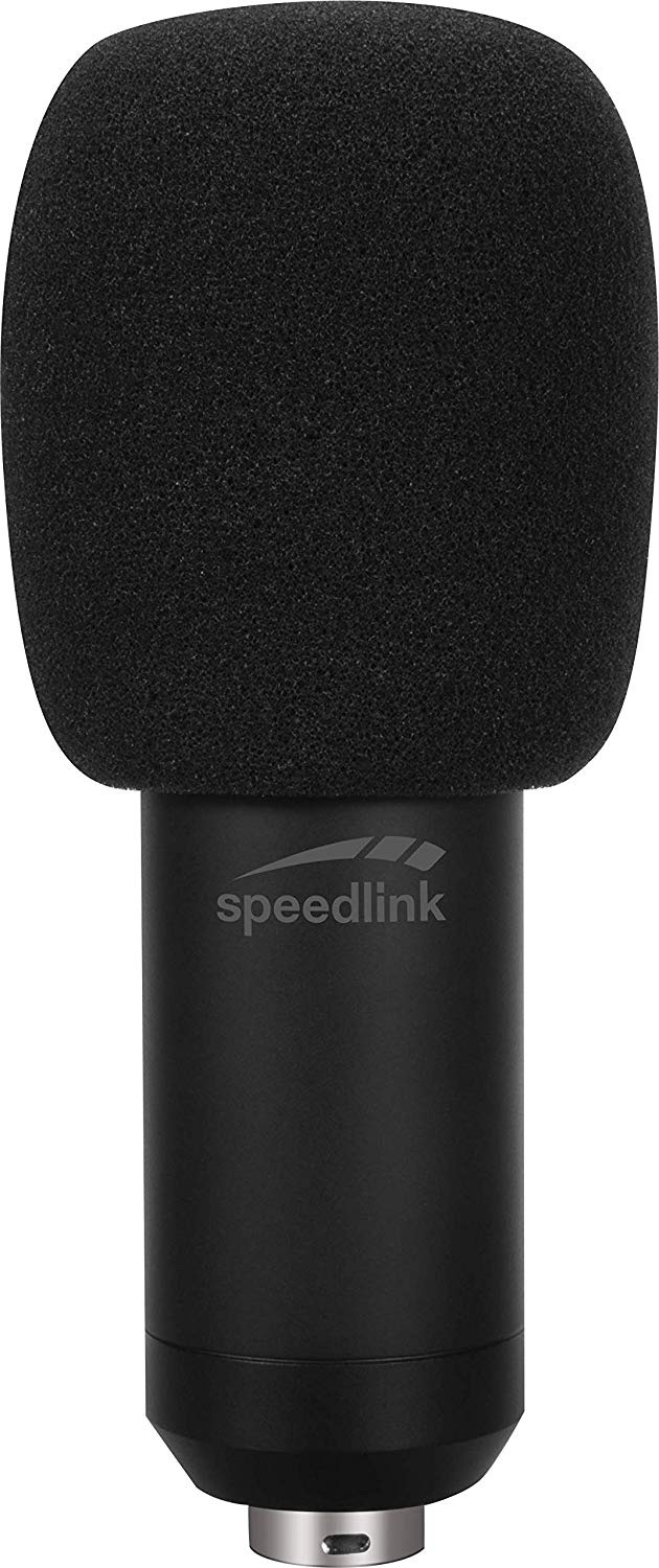 Schwarzes Mikrofon mit Speedlink-Logo und schwarzem Schaumstoff-Windschutz, isoliert auf weißem Hintergrund.
