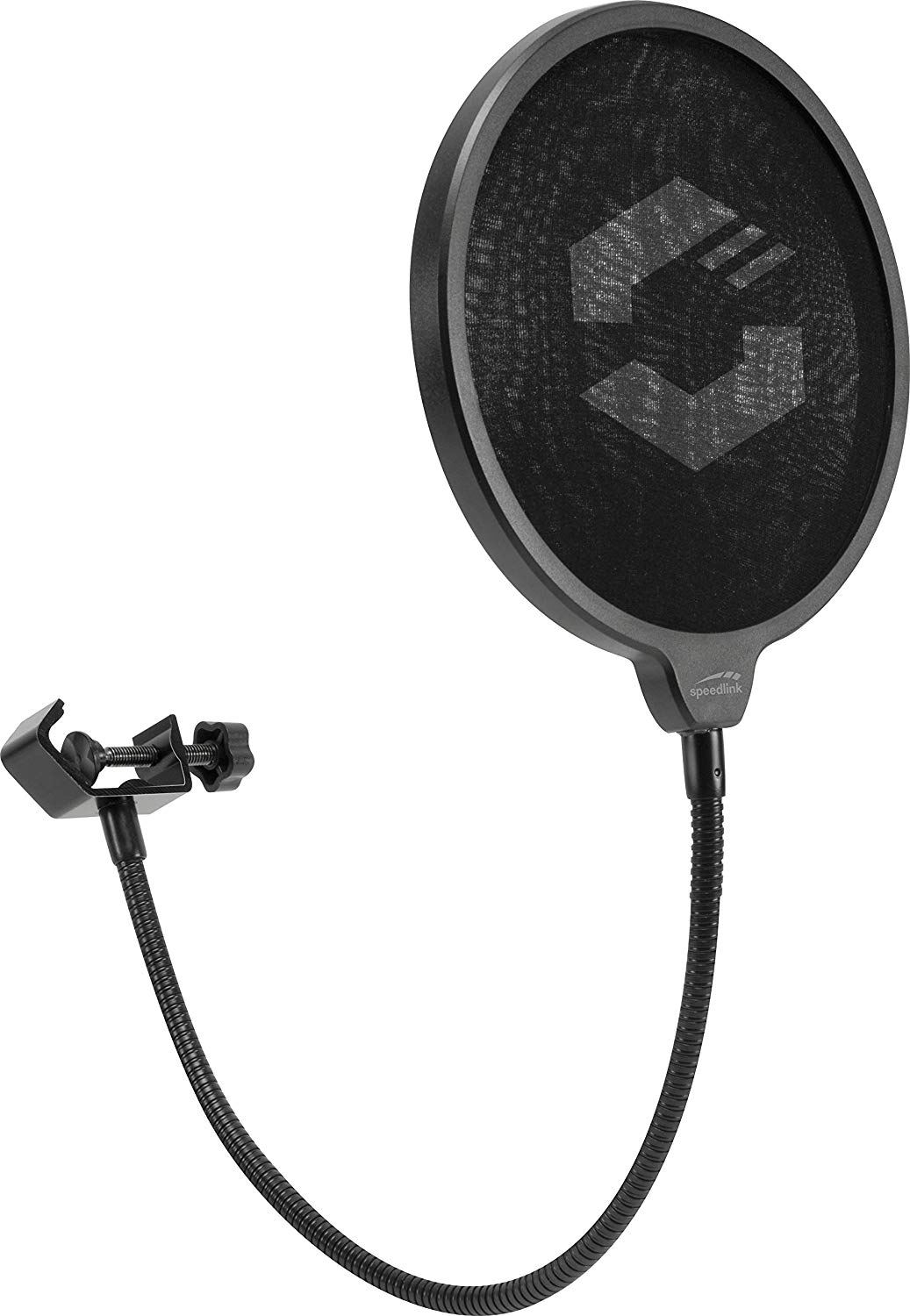 Ein schwarzer Pop-Filter mit flexiblem Schwanenhalsarm und Klemme, vor weißem Hintergrund.