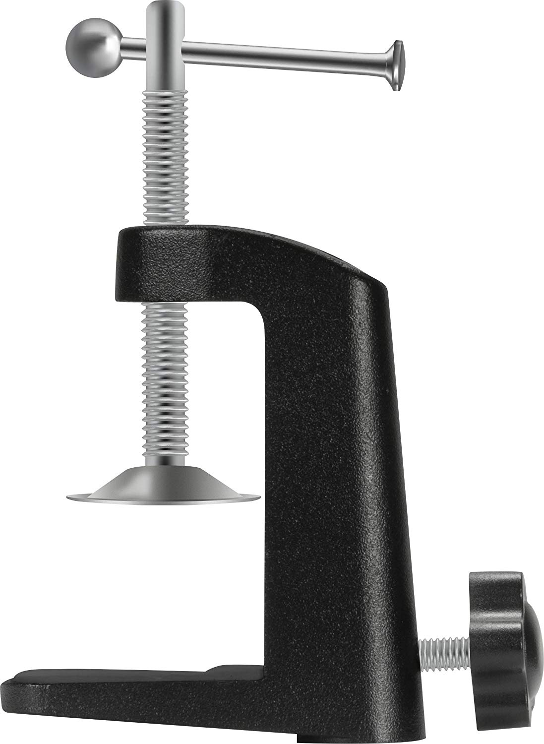 Schwarze Klemme mit Schraubmechanismus, zum Halten von Objekten. Silberne Details sichtbar.