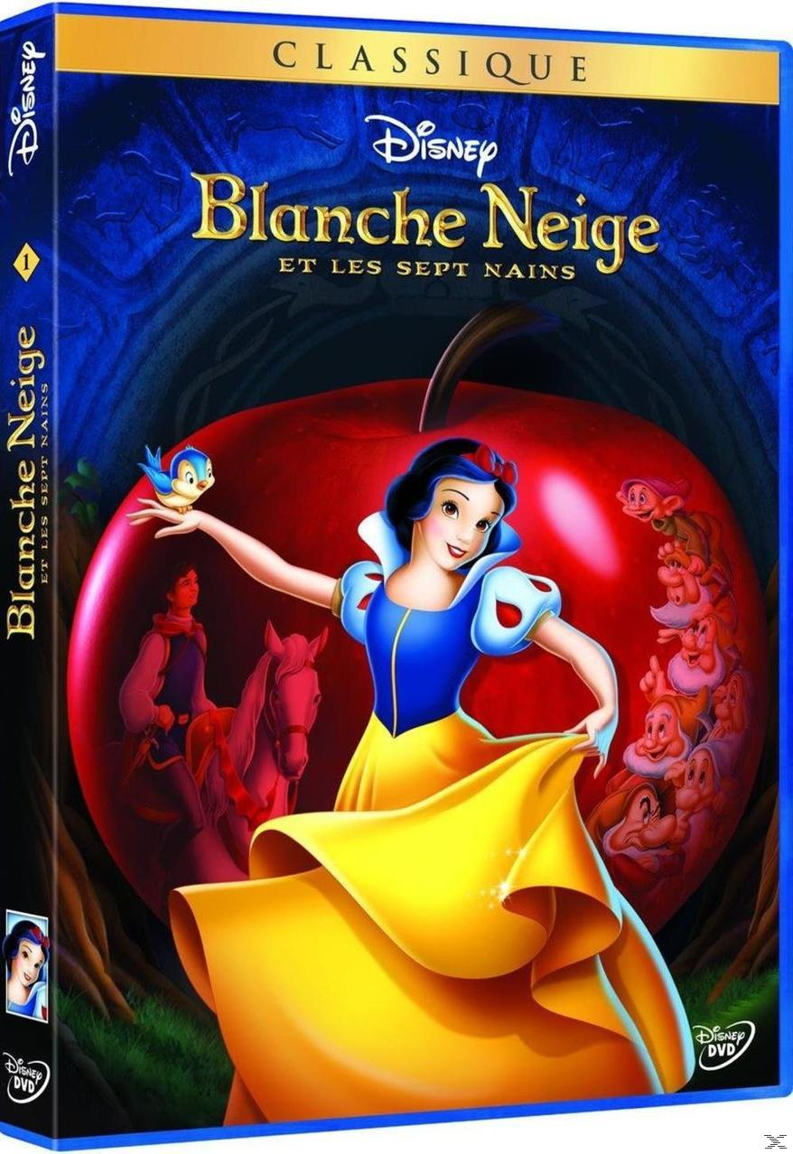 DVD-hoes van Sneeuwwitje. Toont Sneeuwwitje, de zeven dwergen en een appel. Blauwe rand.