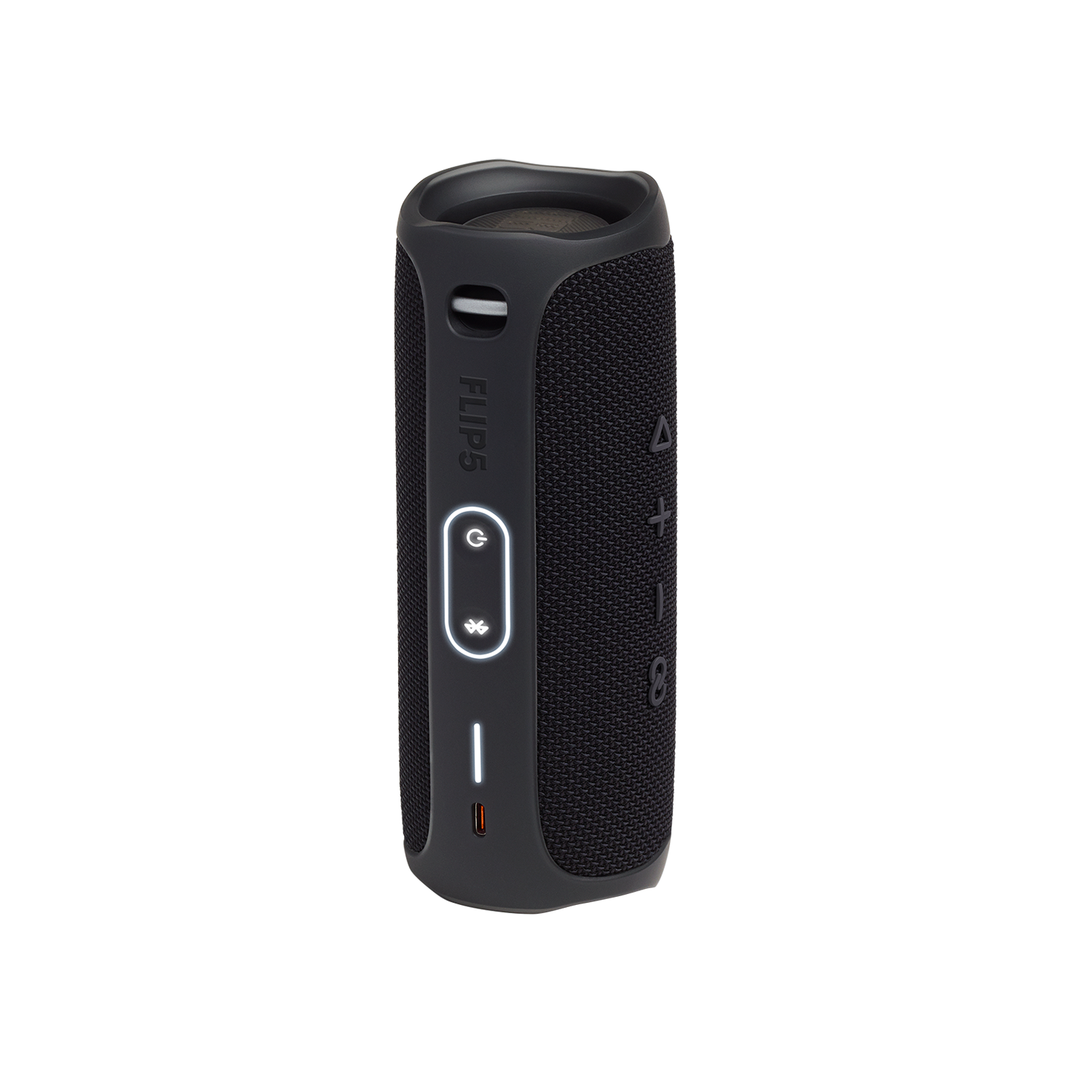Een zwarte draagbare JBL Flip 5-luidspreker. Hij heeft knoppen en de naam 'Flip 5' staat op de zijkant. Hij staat op een witte achtergrond.