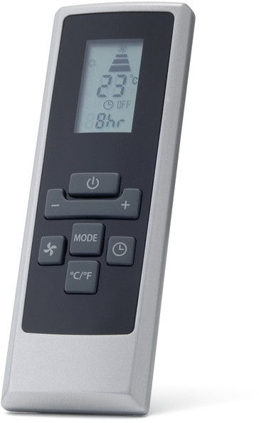 Silberne Fernbedienung mit digitalem Display, das Temperatur und Einstellungen anzeigt.