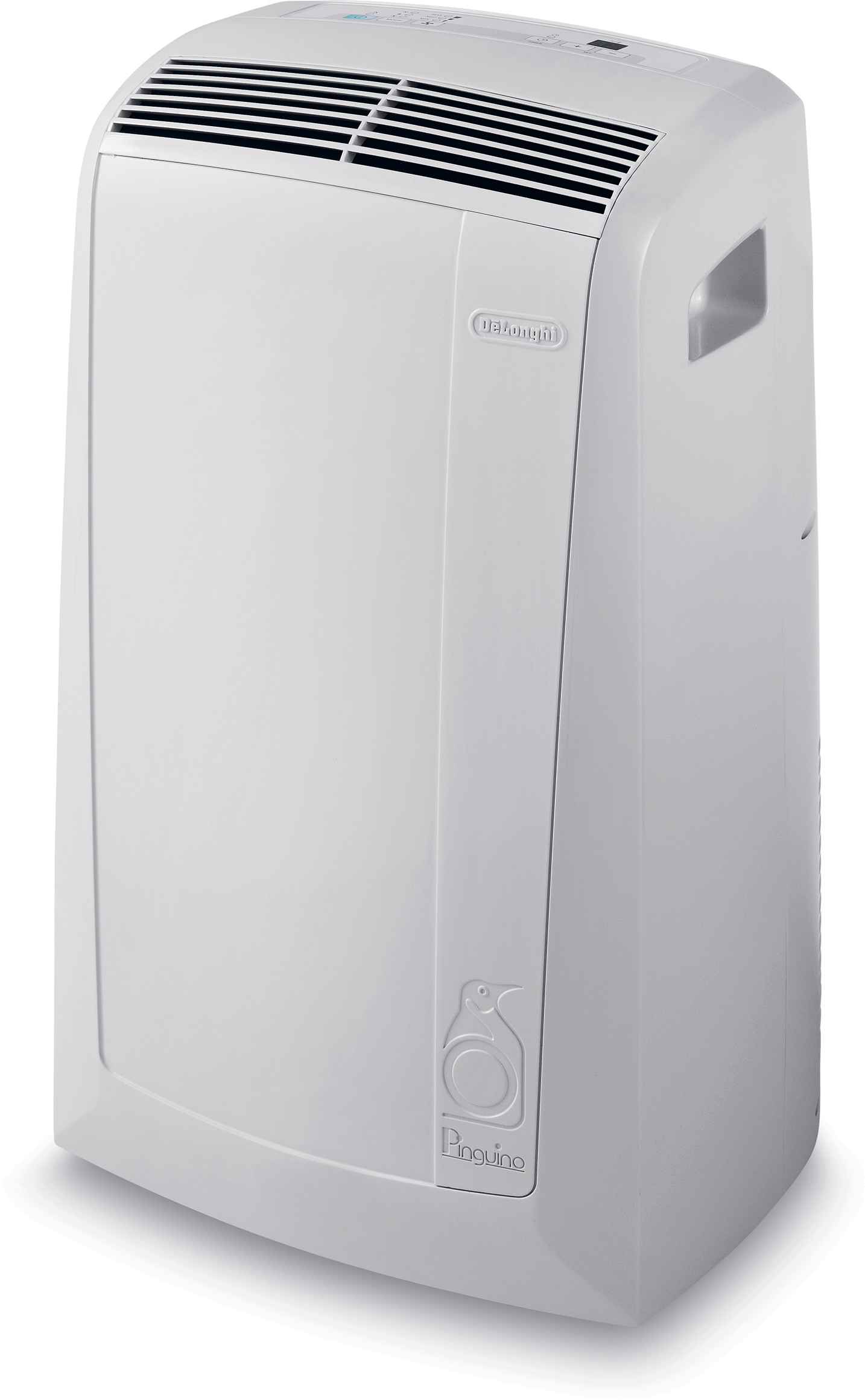 Ein weißer DeLonghi Klimaanlage mit einem Pinguin-Logo auf der Unterseite.