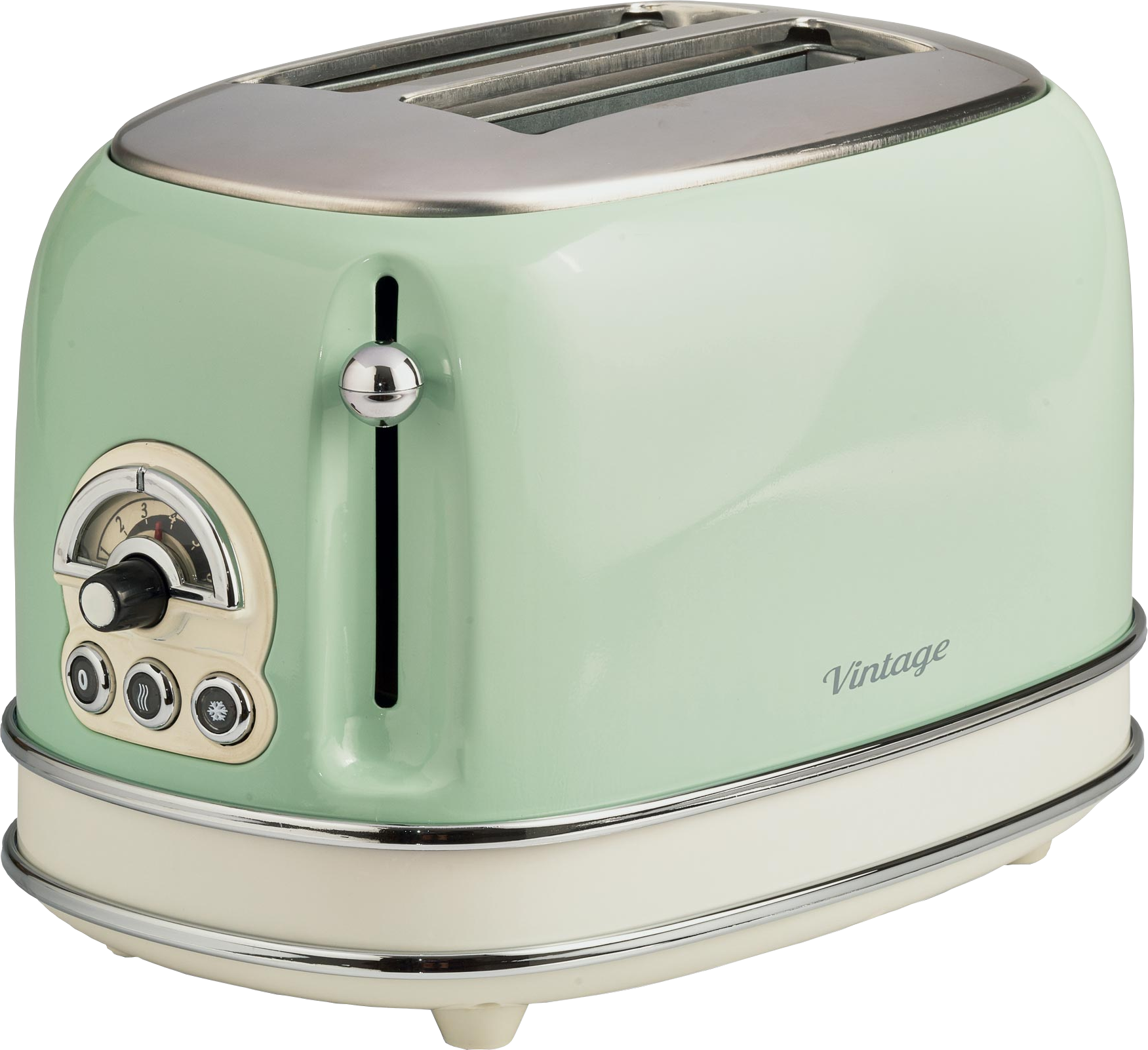 Tostapane vintage verde menta con dettagli crema e parte superiore cromata.