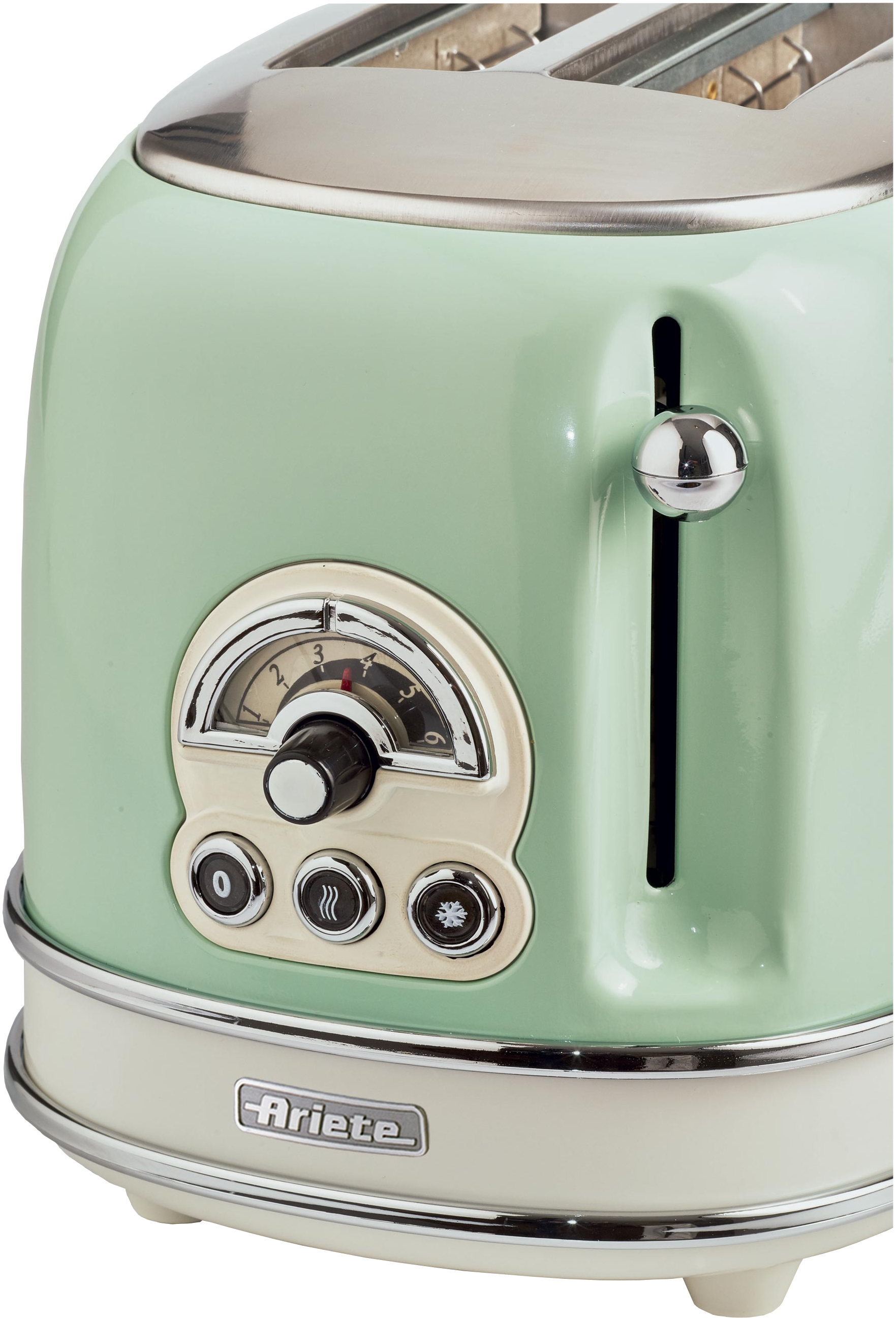 Tostapane Ariete verde con base bianca e dettagli argentati. Ha una manopola e dei pulsanti.