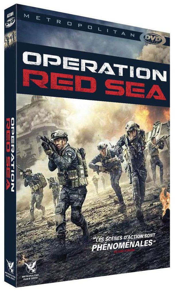 Pochette de DVD avec des soldats et un bâtiment en feu. Titre : Operation Red Sea. Texte en français.