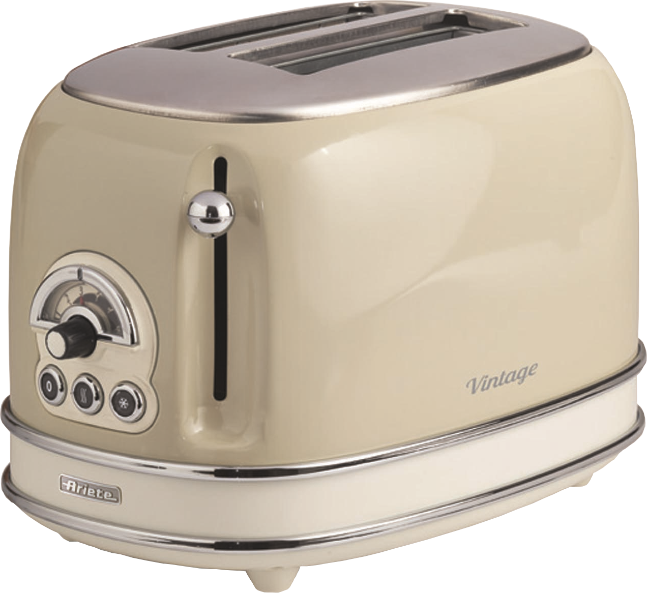 Cremefarbener Toaster im Vintage-Stil mit Chromakzenten und einem Drehregler.