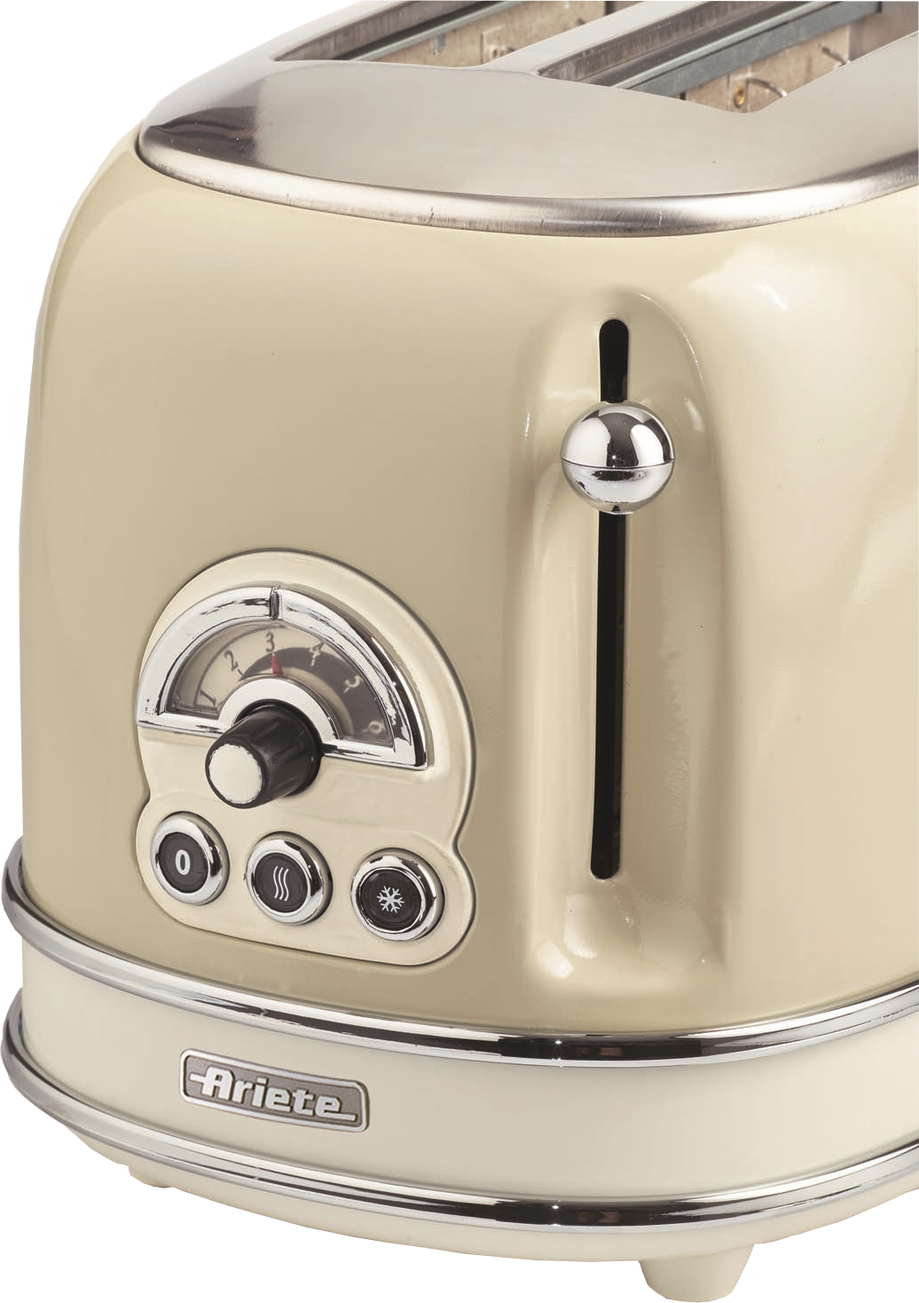Cremefarbener Toaster mit Chromakzenten und Bedienfeld.