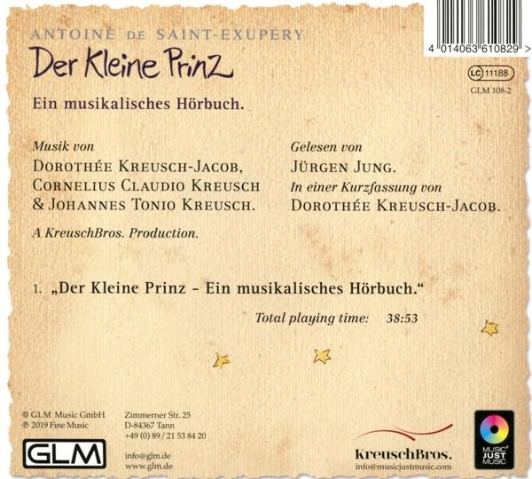 Albumcover für 'Der Kleine Prinz'. Text auf Deutsch und der Autor ist Antoine de Saint-Exupéry.