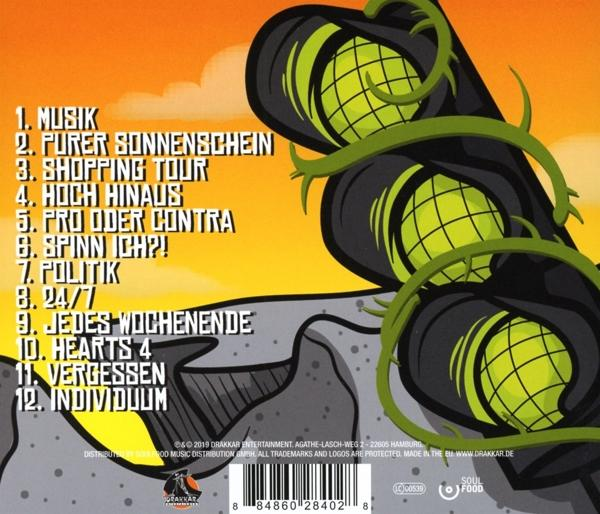 Rückseite einer CD. Grafik von grünen Lichtern auf Schwarz, mit Titelliste.
