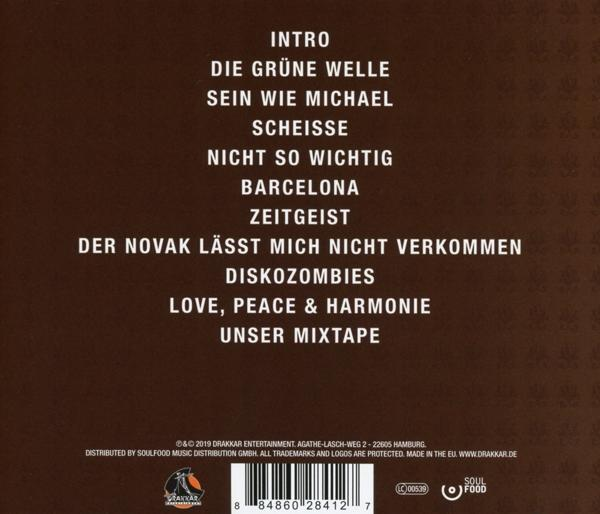 Albumcover mit Songtiteln auf braunem Hintergrund. Die Titel sind in weißem Text.