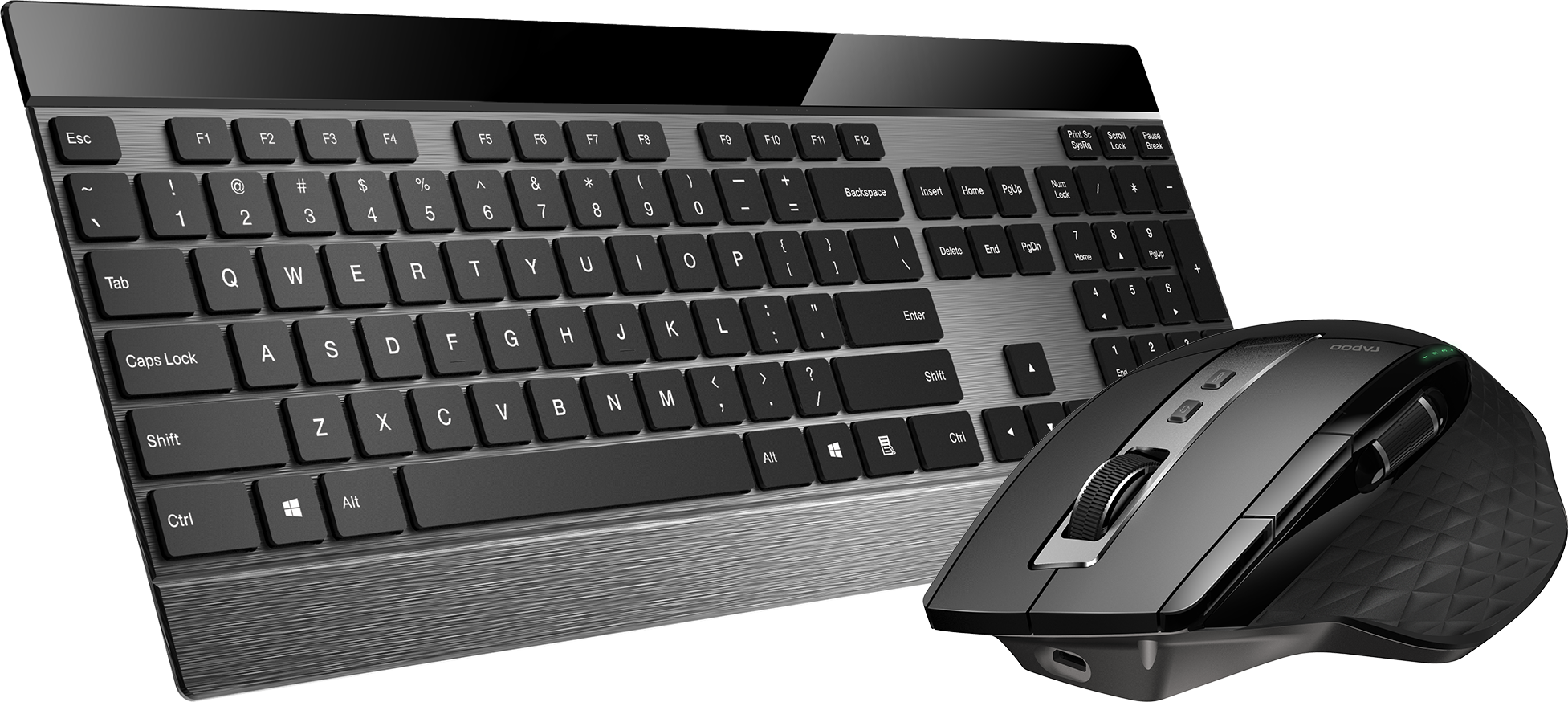 Un ensemble clavier et souris sur une surface noire.