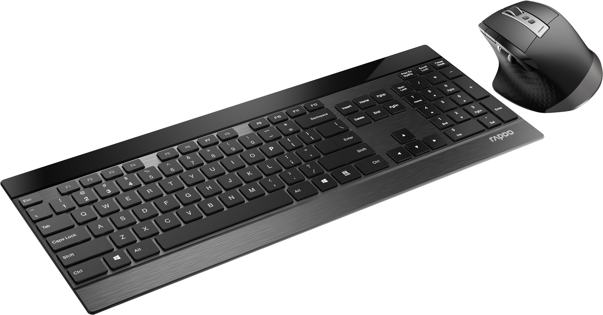 Ensemble clavier et souris noirs sur une surface sombre, avec logo Rapoo sur le clavier.