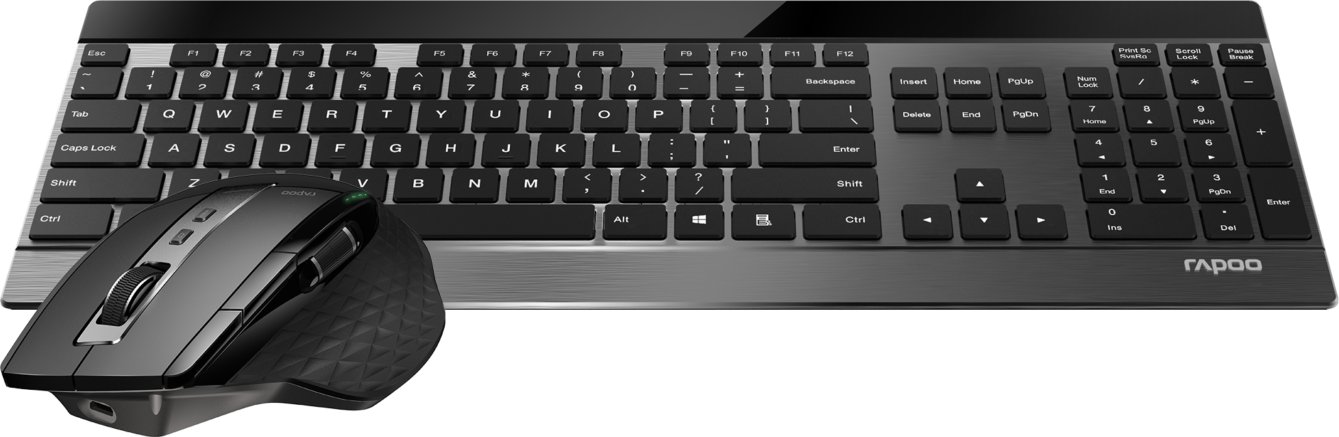 Clavier et souris noirs. Le clavier a des lettres, des chiffres et des touches de fonction. La souris est sans fil.