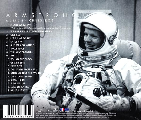 Dos d'un boîtier de CD avec le titre de l'album 'Armstrong', une photo d'un astronaute et la liste des titres.