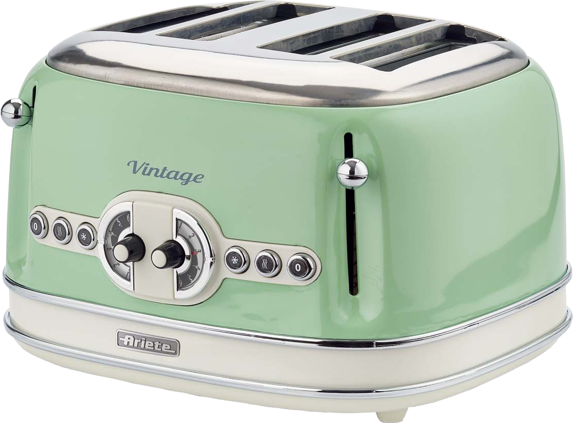 Un grille-pain vintage vert menthe avec des accents chromés. Il a deux fentes et des molettes de contrôle.