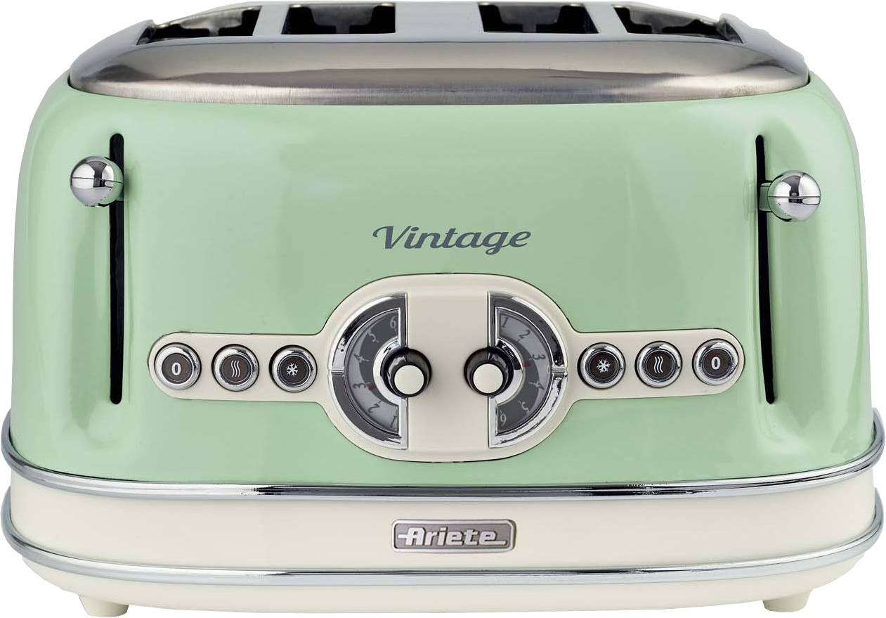 Grille-pain vert vintage avec détails chromés sur fond blanc.