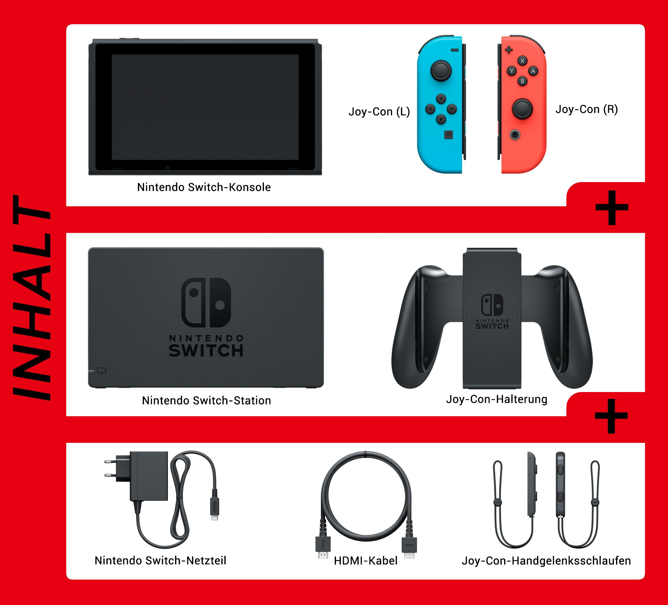 Nintendo Switch Konsole, Dock, Joy-Cons, Netzteil, HDMI-Kabel und Joy-Con-Schlaufen.