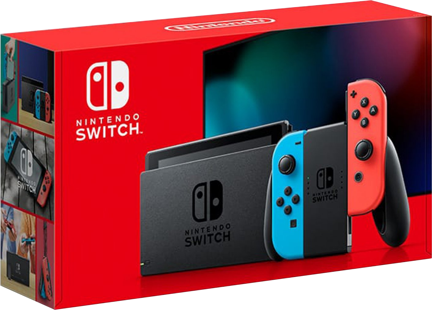 Eine rote Nintendo Switch-Box mit Spielkonsole und Controllern in der Auslage.