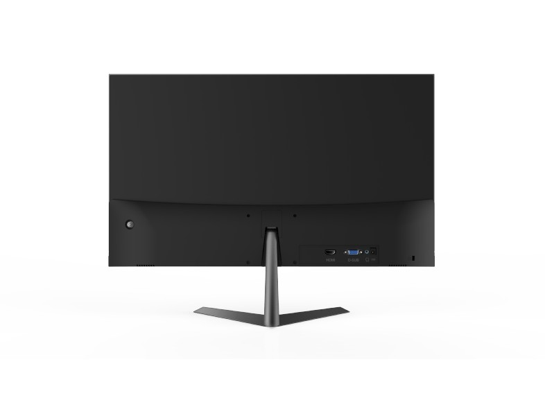 Parte trasera de un monitor de computadora negro con puertos y soporte, aislado sobre fondo blanco.