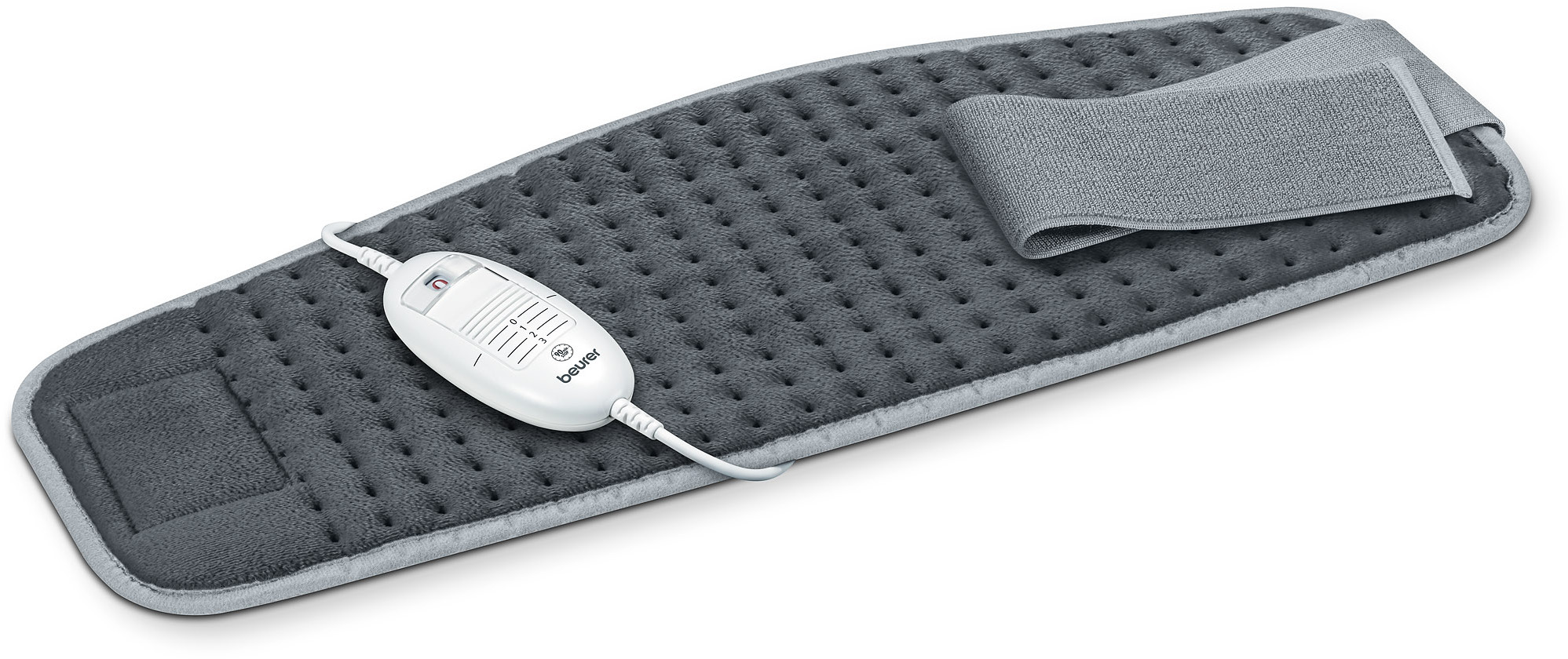 Graues Heizkissen mit Steuerung. Weiße Steuerung mit Knöpfen und Kabel.