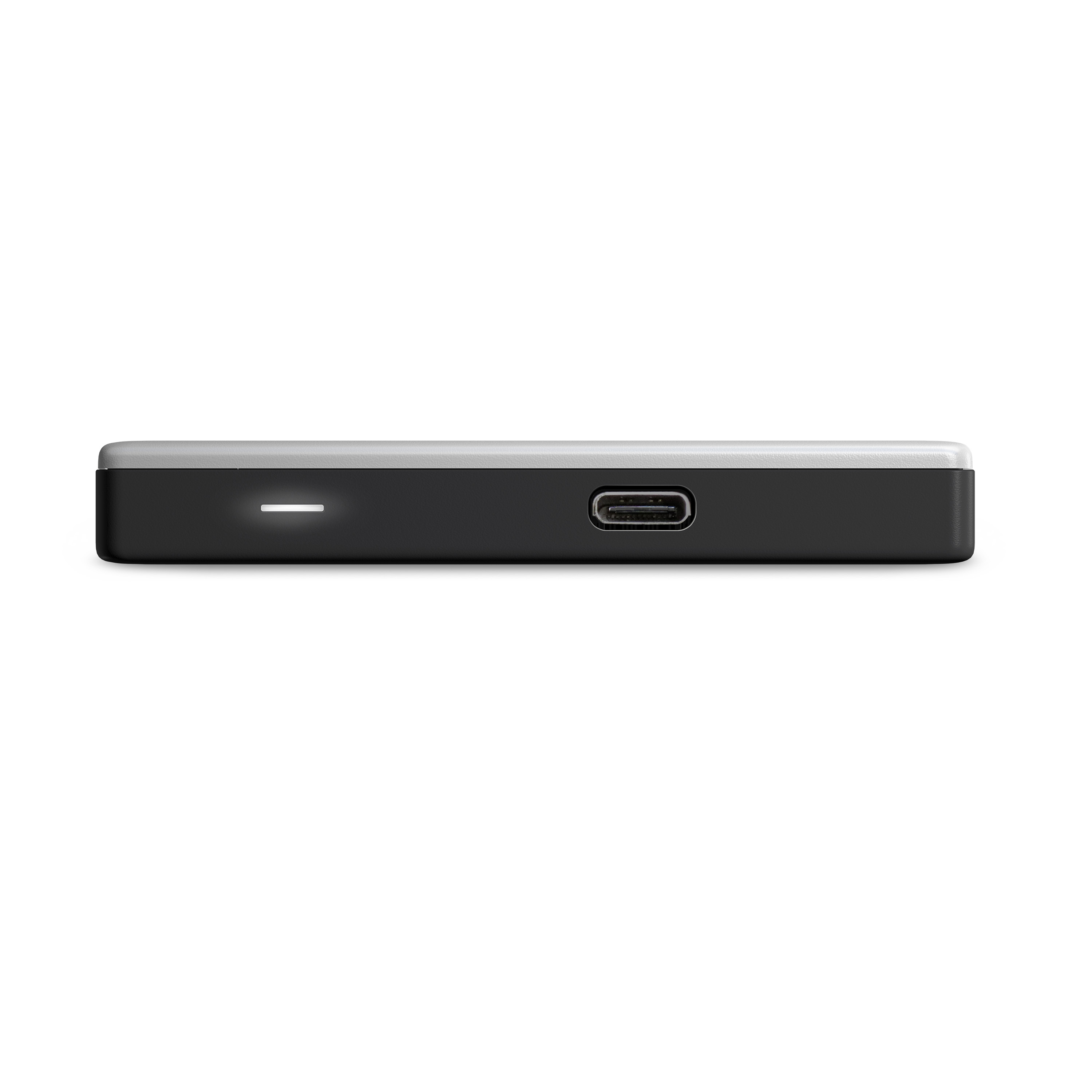 Eine schwarze und silberne externe Festplatte mit Betriebsanzeige und USB-Anschluss.