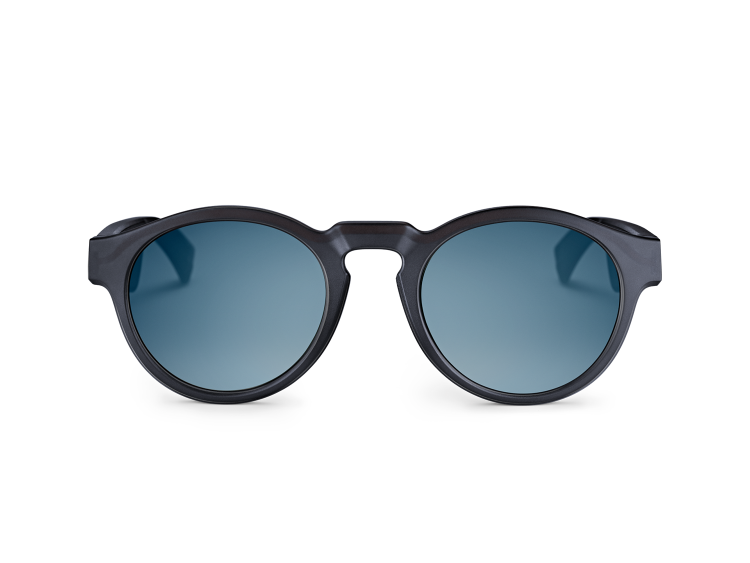Round sunglasses with dark frames and blue lenses. The background is black.