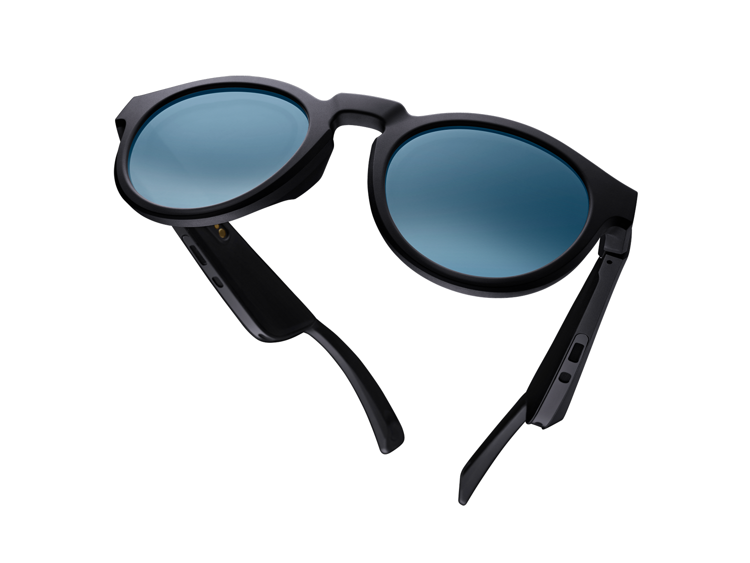 Black sunglasses with blue lenses. They are angled against a black background.