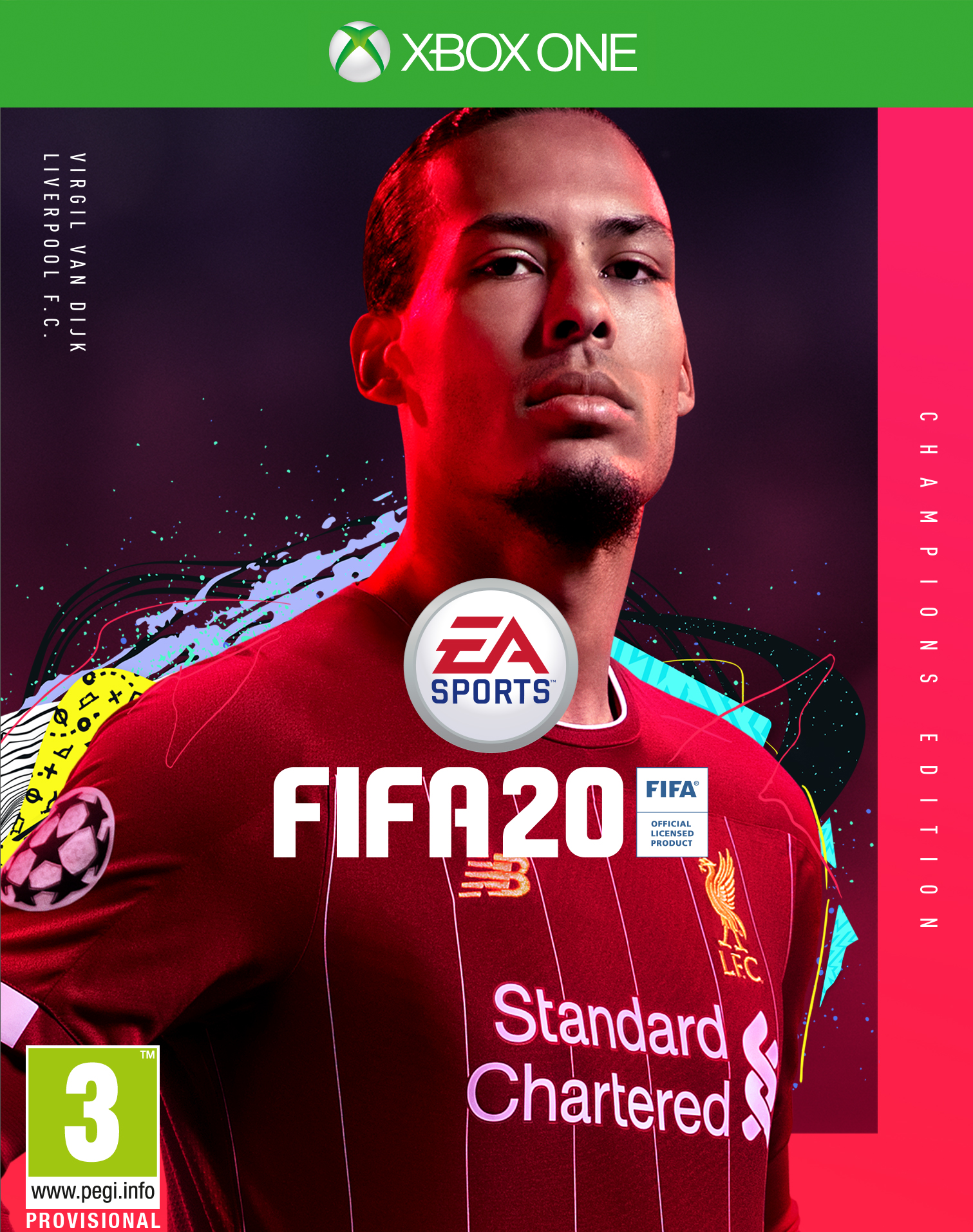FIFA 20 game cover met Virgil van Dijk in een Liverpool FC shirt.