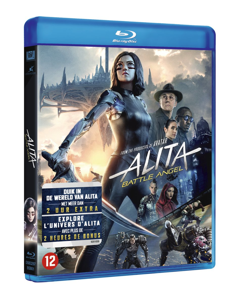 Blu-ray-hoes voor Alita: Battle Angel, met Alita en andere personages.