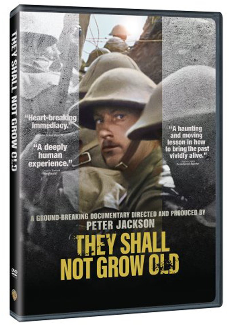 DVD-hoes voor 'They Shall Not Grow Old' documentaire. Soldaten met helmen, filmtitel in geel.