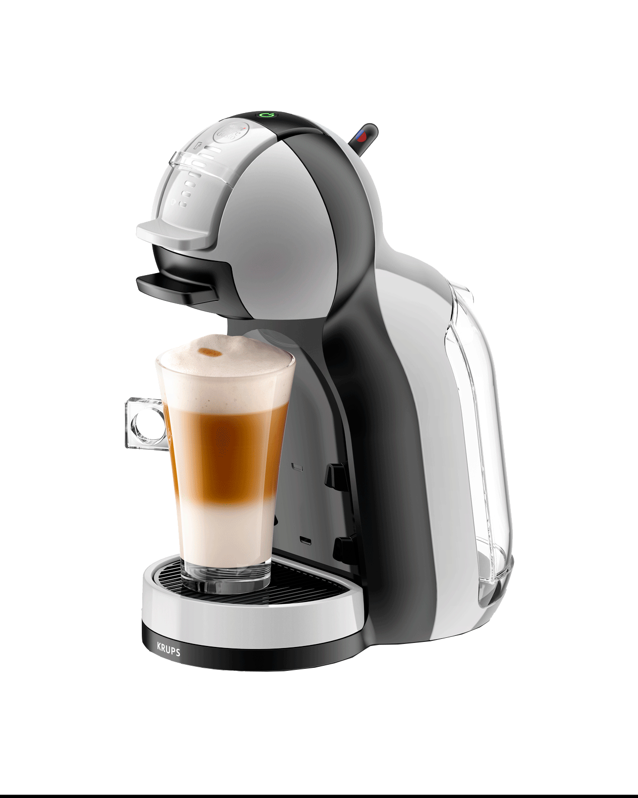 Wit en zwarte Krups koffiezetapparaat dat koffie in een glas schenkt, zwarte achtergrond.