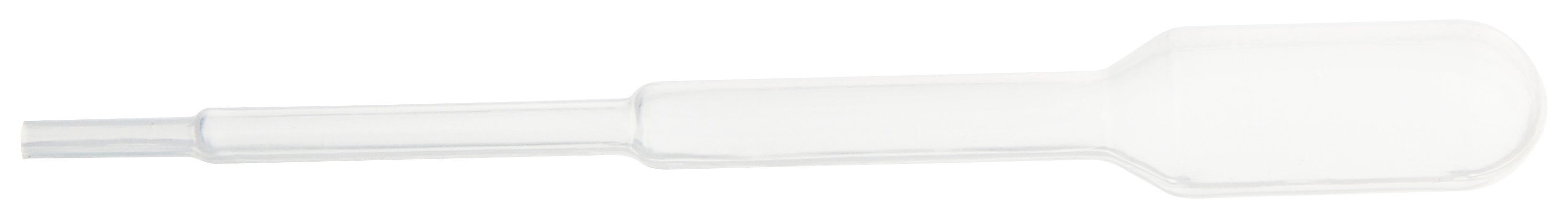 Transparente Kunststoffpipette mit schmaler Spitze, breiterem Mittelteil und bauchigem Ende.
