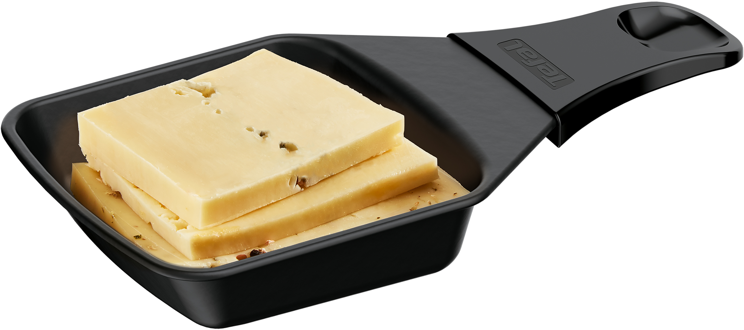 Schwarze Raclette-Pfanne mit drei Käsescheiben.