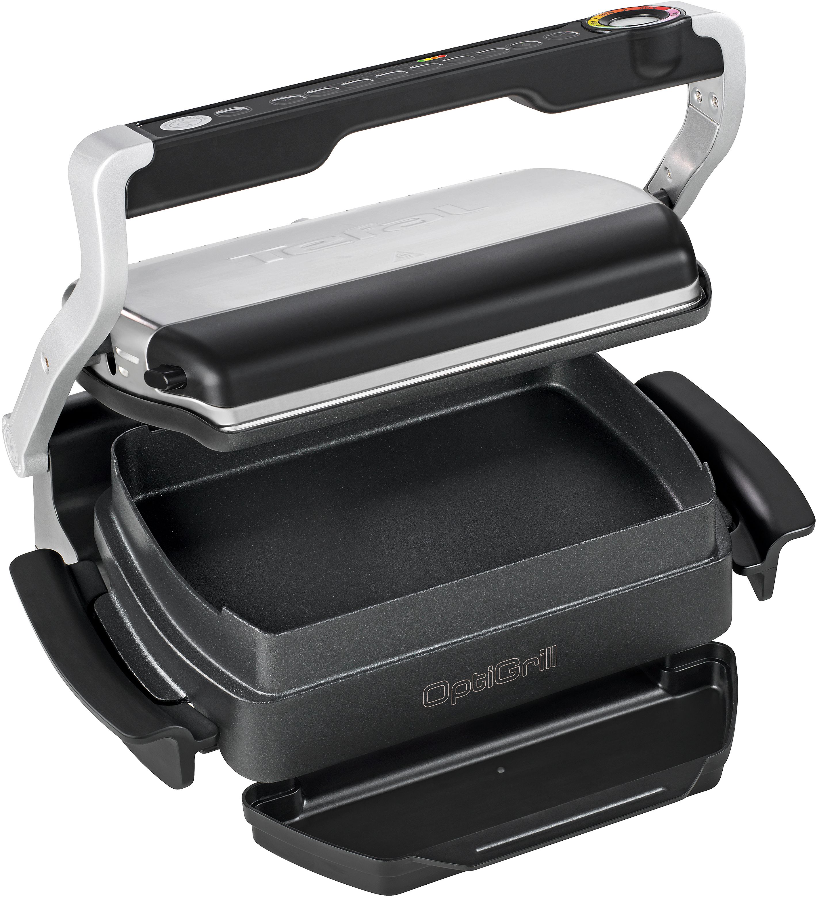 Ein schwarzer und silberner OptiGrill, geöffnet, mit Kochflächen und Abtropfschale.