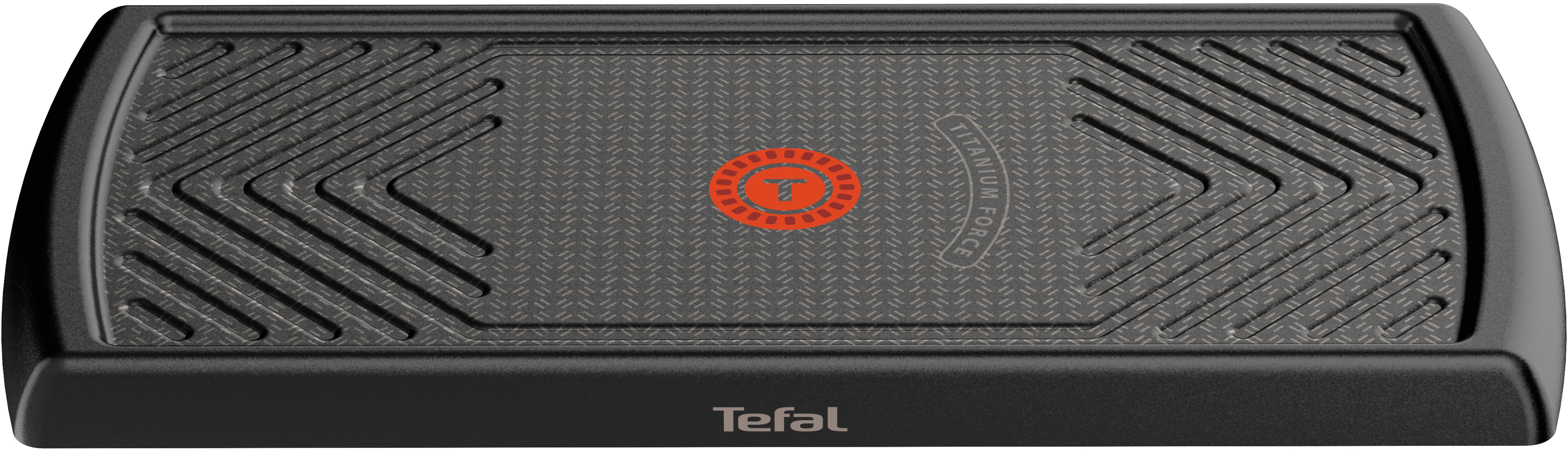 Eine schwarze Grillplatte mit rotem Logo und dem Schriftzug „TITANIUM FORCE“.