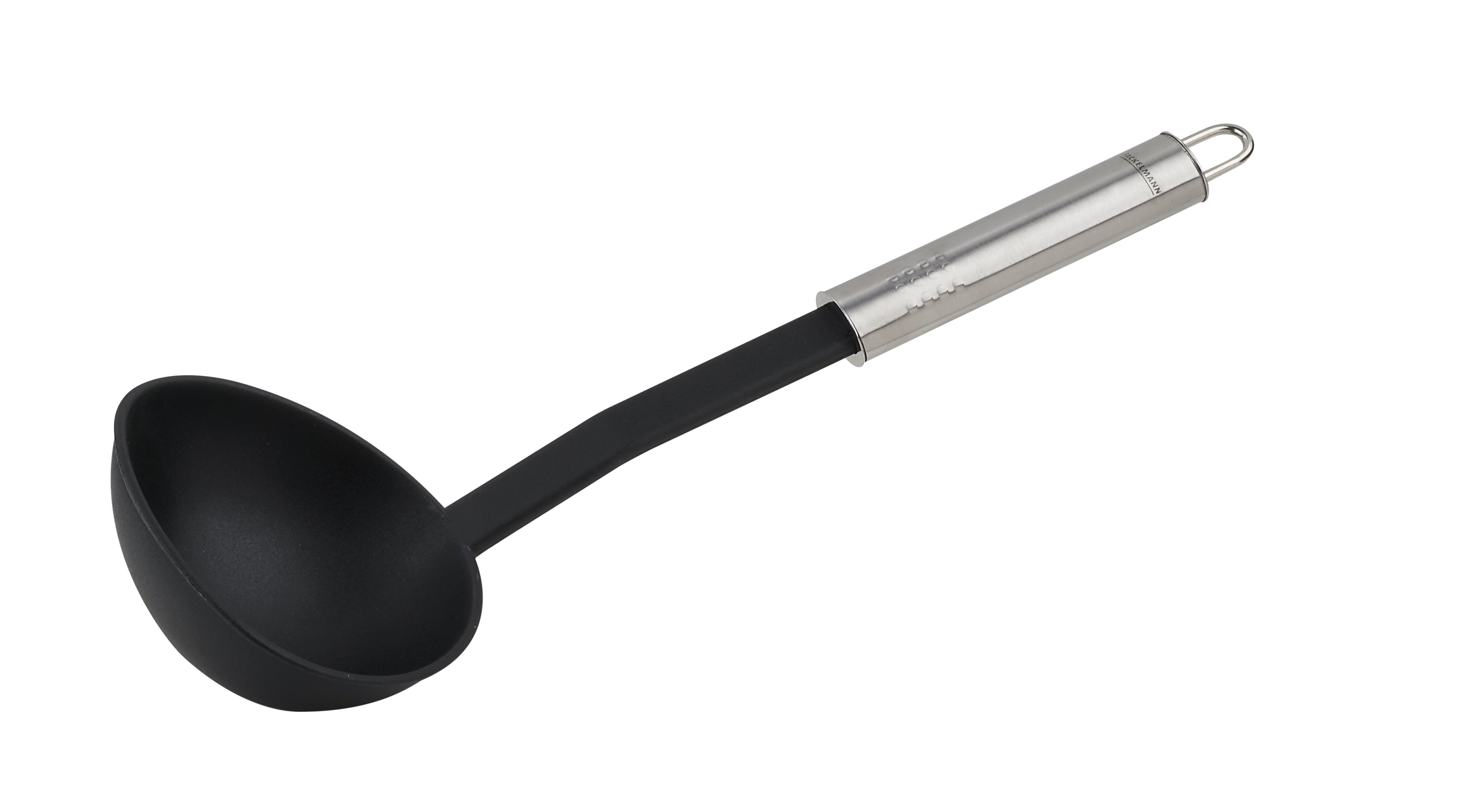 Schwarzer Schöpflöffel mit schwarzer Schüssel und Edelstahlgriff mit Aufhängeschlaufe.