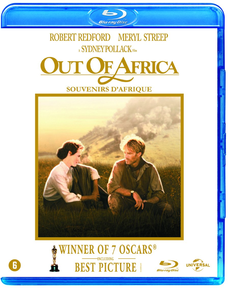 Jaquette Blu-ray de 'Out of Africa', Redford et Streep. Tons dorés, fond désertique.