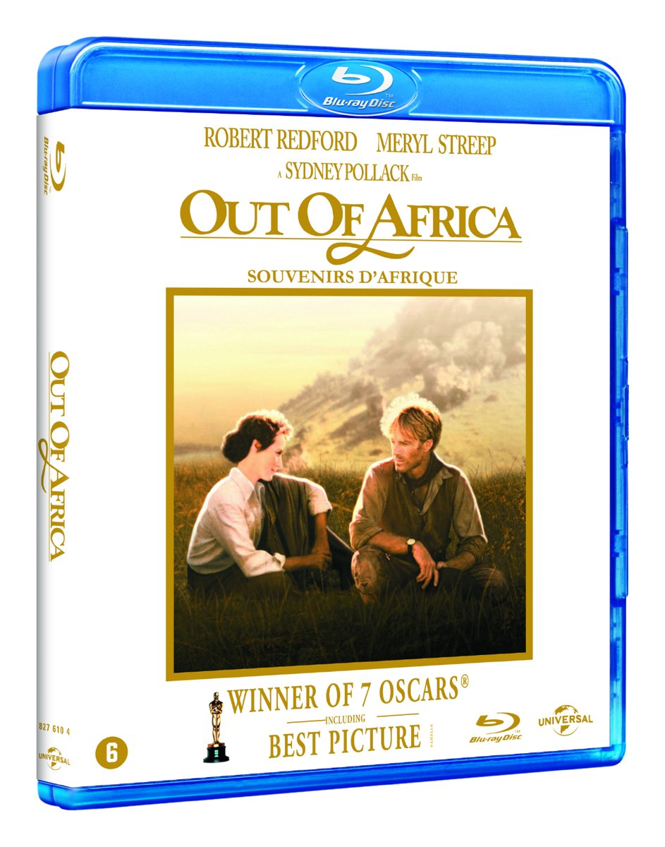 Boîtier DVD de Out of Africa. Boîtier bleu avec couverture du film, deux personnes.
