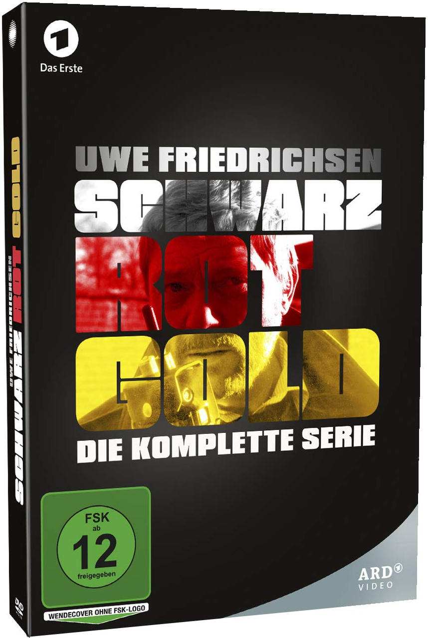 DVD-Cover für die deutsche Fernsehserie 'Schwarz Rot Gold'. Mit Gesichtern und dem Titel. Schwarzer Hintergrund.