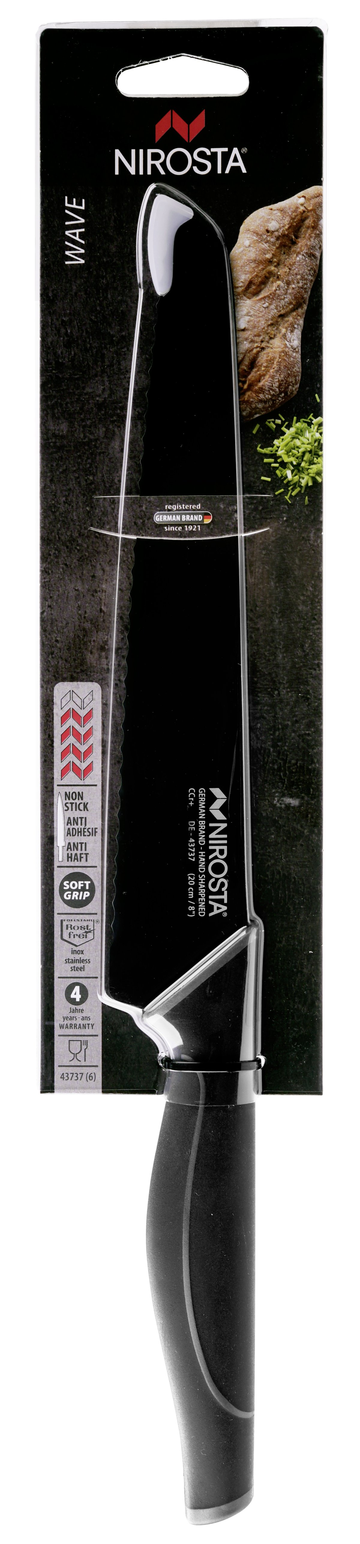 Ein schwarzes Nirosta Wave Messer in seiner Verpackung. Das Messer befindet sich in der Mitte, mit schwarzem Griff.