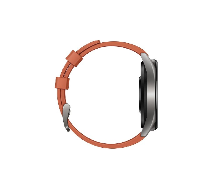 Smartwatch, vista lateral, con correa naranja. El reloj está sobre un fondo blanco. Esfera gris.