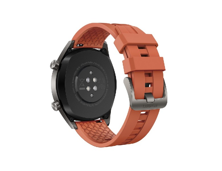 Parte trasera de un reloj inteligente con correa naranja. La esfera es negra.