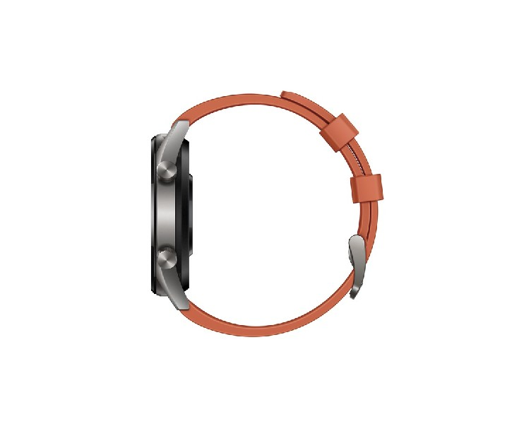 Smartwatch de lado. El reloj es redondo con una correa naranja. Fondo blanco.