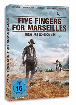 DVD-Hülle von 'Five Fingers for Marseille'. Mann mit Hut, szenischer Hintergrund, Filmtitel.